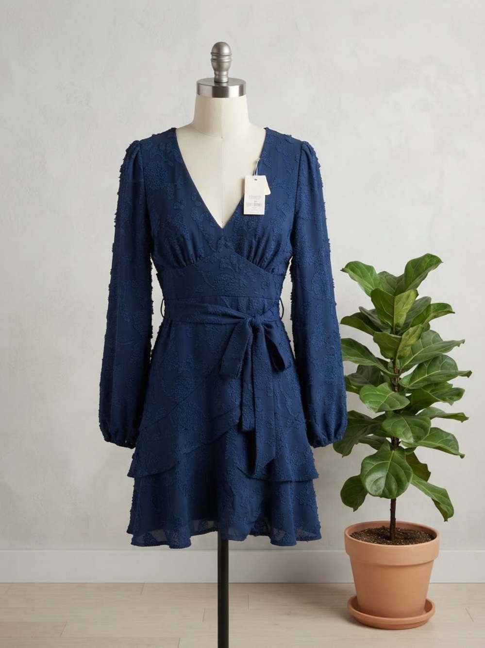 miami Navy Textured V-Neck Wrap Dress with Waist Tie